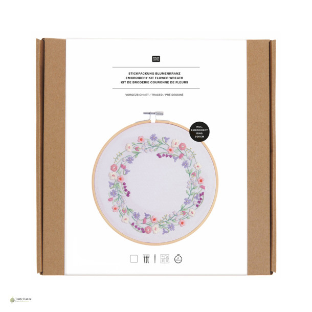 Broderi Kit blomsterkrans p� p�tegnet stof, incl.  ramme